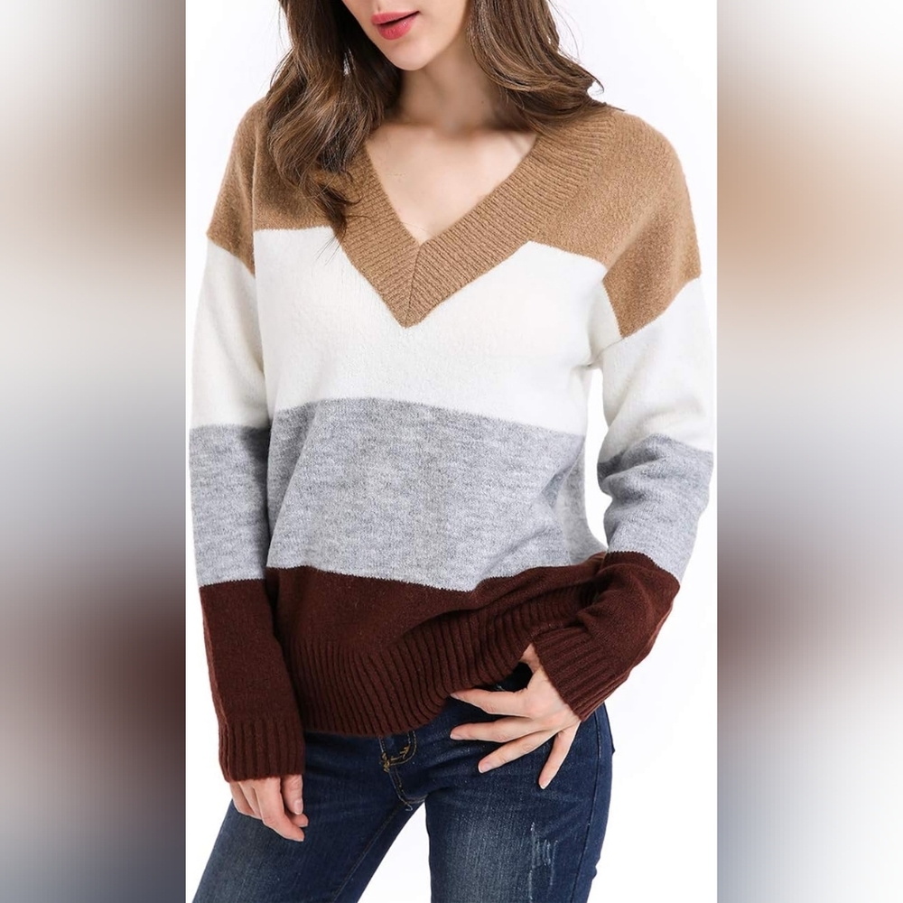 Lumiere V-Neck Colorblock Stripe Long Sleeve Sweater Womens Size Large